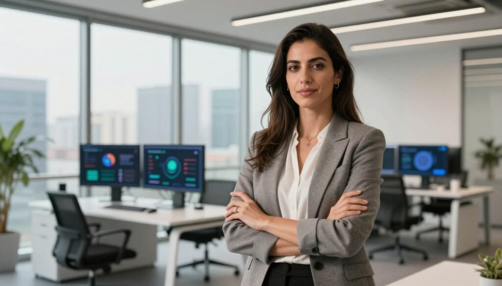 A confident businesswoman, Kenza Lahlou, stands prominently in a modern office environment, exuding a sense of leadership and innovation. She is portrayed wearing tailored business attire, showcasing professionalism. In the foreground, her expression is one of determination, with her arms crossed confidently. The middle ground features sleek, minimalistic office decor, including a futuristic desk and digital screens displaying startup graphics. The background showcases panoramic windows revealing a bustling cityscape, symbolizing growth and opportunity. Soft, natural lighting streams through the windows, adding warmth to the scene. The angle suggests a slight low perspective, emphasizing her authority and success. The overall atmosphere is one of optimism and forward-thinking, embodying the essence of Outlierz Ventures as a dynamic player in supporting Moroccan startups. A confident businesswoman, Kenza Lahlou, stands prominently in a modern office environment, exuding a sense of leadership and innovation. She is portrayed wearing tailored business attire, showcasing professionalism. In the foreground, her expression is one of determination, with her arms crossed confidently. The middle ground features sleek, minimalistic office decor, including a futuristic desk and digital screens displaying startup graphics. The background showcases panoramic windows revealing a bustling cityscape, symbolizing growth and opportunity. Soft, natural lighting streams through the windows, adding warmth to the scene. The angle suggests a slight low perspective, emphasizing her authority and success. The overall atmosphere is one of optimism and forward-thinking, embodying the essence of Outlierz Ventures as a dynamic player in supporting Moroccan startups.