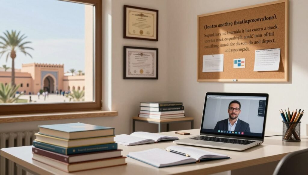 A cozy academic office setting illustrating the journey to becoming a psychologist in Morocco. In the foreground, a well-organized desk is piled with textbooks and notebooks about psychology, alongside a laptop displaying a virtual classroom interface. In the middle ground, a culturally inspired wall features framed diplomas and a corkboard filled with inspiring quotes about mental health. The background shows a window with the Moroccan landscape outside, incorporating traditional architecture and palm trees under a bright, sunny sky. Soft, natural lighting filters through the window, creating a warm and inviting ambience. The mood is motivational and focused, reflecting dedication to academic success in psychology. A cozy academic office setting illustrating the journey to becoming a psychologist in Morocco. In the foreground, a well-organized desk is piled with textbooks and notebooks about psychology, alongside a laptop displaying a virtual classroom interface. In the middle ground, a culturally inspired wall features framed diplomas and a corkboard filled with inspiring quotes about mental health. The background shows a window with the Moroccan landscape outside, incorporating traditional architecture and palm trees under a bright, sunny sky. Soft, natural lighting filters through the window, creating a warm and inviting ambience. The mood is motivational and focused, reflecting dedication to academic success in psychology.