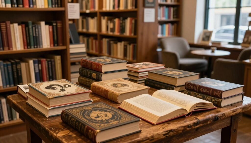 A cozy, inviting bookstore interior filled with shelves of unique and collectible books. In the foreground, a well-worn wooden table displays a selection of rare vintage books with ornate covers and intricate illustrations. The soft golden light from a nearby window casts a warm glow across the pages, highlighting their textures and colors. In the middle, bookshelves are lined with an eclectic mix of titles, some stacked haphazardly, others standing pridefully, showcasing their rich spines. The background features a comfortable reading nook with a plush armchair and a small table, inviting readers to immerse themselves in the world of literature. The atmosphere is tranquil and inspiring, evoking a sense of discovery and nostalgia in this literary haven. A cozy, inviting bookstore interior filled with shelves of unique and collectible books. In the foreground, a well-worn wooden table displays a selection of rare vintage books with ornate covers and intricate illustrations. The soft golden light from a nearby window casts a warm glow across the pages, highlighting their textures and colors. In the middle, bookshelves are lined with an eclectic mix of titles, some stacked haphazardly, others standing pridefully, showcasing their rich spines. The background features a comfortable reading nook with a plush armchair and a small table, inviting readers to immerse themselves in the world of literature. The atmosphere is tranquil and inspiring, evoking a sense of discovery and nostalgia in this literary haven.