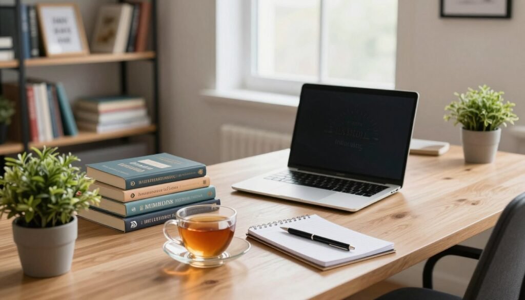 A cozy, inviting office space featuring a neatly organized desk with a laptop, some personal development books stacked, and a notepad with a pen. In the foreground, a cup of herbal tea sits beside a small potted plant. The middle ground includes a window allowing soft, natural light to illuminate the room, creating a warm and inspirational atmosphere. In the background, shelves filled with more books and framed motivational quotes can be seen, enhancing the theme of personal growth. The scene is captured from a slightly elevated angle for dynamic perspective, evoking a sense of tranquility and focus on personal development. The overall mood is encouraging and uplifting, perfect for an environment dedicated to self-improvement. A cozy, inviting office space featuring a neatly organized desk with a laptop, some personal development books stacked, and a notepad with a pen. In the foreground, a cup of herbal tea sits beside a small potted plant. The middle ground includes a window allowing soft, natural light to illuminate the room, creating a warm and inspirational atmosphere. In the background, shelves filled with more books and framed motivational quotes can be seen, enhancing the theme of personal growth. The scene is captured from a slightly elevated angle for dynamic perspective, evoking a sense of tranquility and focus on personal development. The overall mood is encouraging and uplifting, perfect for an environment dedicated to self-improvement.