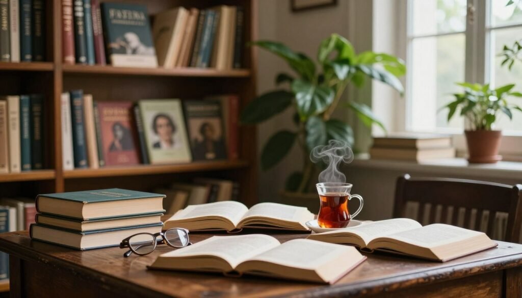 A cozy library scene featuring a collection of classic books by Fatima Mernissi. In the foreground, an antique wooden table lightly cluttered with open books, reading glasses, and a steaming cup of tea, symbolizing intellectual exploration. The middle ground showcases a richly filled bookshelf lined with her works, framed by lush green plants, creating a sense of warmth and creativity. The background captures soft, diffused natural light flooding in through a window, casting gentle shadows that enhance the serene atmosphere. The overall mood is peaceful and inspiring, inviting viewers to reflect on Mernissi's literary contributions while celebrating her legacy as a pioneer of Moroccan feminism. The image should be in high resolution, with a warm color palette and soft textures that convey a sense of intimacy and scholarly focus. A cozy library scene featuring a collection of classic books by Fatima Mernissi. In the foreground, an antique wooden table lightly cluttered with open books, reading glasses, and a steaming cup of tea, symbolizing intellectual exploration. The middle ground showcases a richly filled bookshelf lined with her works, framed by lush green plants, creating a sense of warmth and creativity. The background captures soft, diffused natural light flooding in through a window, casting gentle shadows that enhance the serene atmosphere. The overall mood is peaceful and inspiring, inviting viewers to reflect on Mernissi's literary contributions while celebrating her legacy as a pioneer of Moroccan feminism. The image should be in high resolution, with a warm color palette and soft textures that convey a sense of intimacy and scholarly focus.