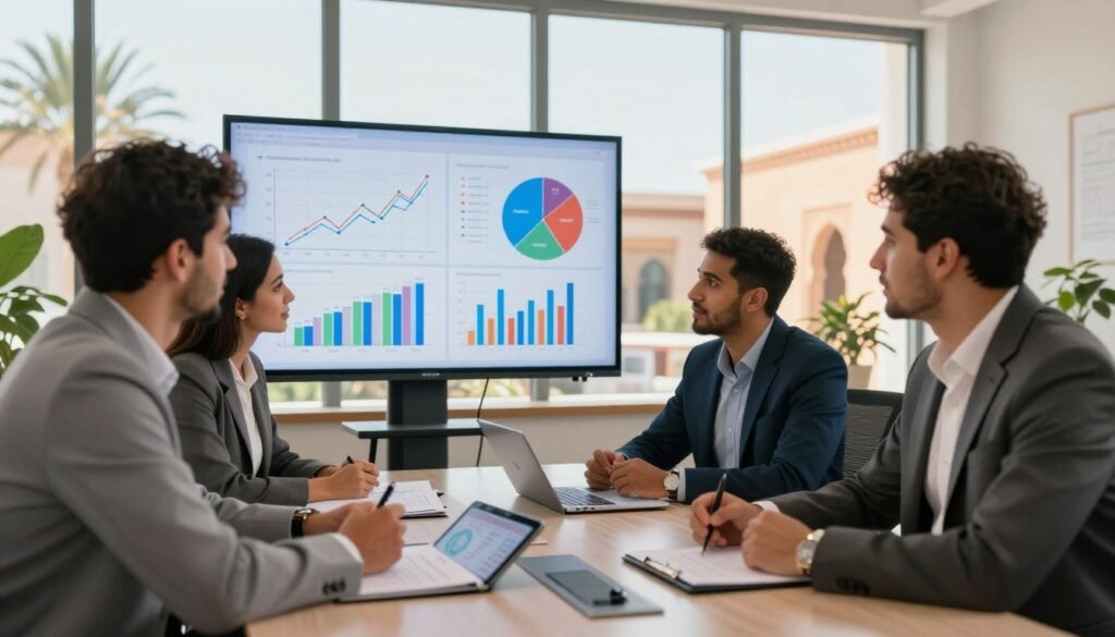 A detailed analysis of the Moroccan market, featuring a diverse group of professionals in a modern office setting, discussing charts and graphs. In the foreground, a diverse team of three businesspeople—two men and one woman—of Moroccan descent are attentively engaged in conversation, dressed in smart business attire. The middle ground displays a large digital screen showing vibrant graphs and market trends, while papers and tablets with data are spread across a sleek conference table. The background features large windows with a view of Moroccan architecture and palm trees, illuminated by warm, natural sunlight. The atmosphere is focused and collaborative, conveying a sense of opportunity and growth in the local market. A detailed analysis of the Moroccan market, featuring a diverse group of professionals in a modern office setting, discussing charts and graphs. In the foreground, a diverse team of three businesspeople—two men and one woman—of Moroccan descent are attentively engaged in conversation, dressed in smart business attire. The middle ground displays a large digital screen showing vibrant graphs and market trends, while papers and tablets with data are spread across a sleek conference table. The background features large windows with a view of Moroccan architecture and palm trees, illuminated by warm, natural sunlight. The atmosphere is focused and collaborative, conveying a sense of opportunity and growth in the local market.