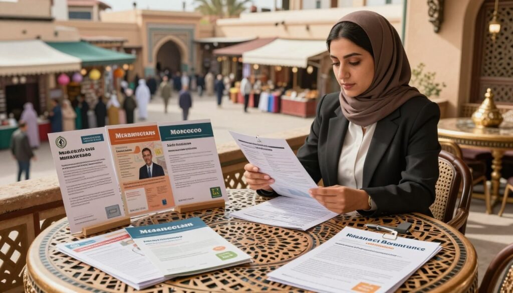 A detailed and engaging illustration of various financial products offered in Morocco, prominently featuring traditional Moroccan design elements. In the foreground, showcase an array of financial items like microloans, savings accounts, and investment brochures, artistically arranged on a decorative Moroccan table. In the middle ground, depict a professional woman in modest business attire, thoughtfully reviewing financial documents, exuding a sense of empowerment. The background should feature a panoramic view of a bustling Moroccan marketplace, symbolizing economic activity and diversity. Soft, warm lighting should illuminate the scene, creating a welcoming and optimistic atmosphere. Use a slightly elevated angle to capture both the tabletop details and the vibrant street life, emphasizing both the individual and the broader financial landscape. A detailed and engaging illustration of various financial products offered in Morocco, prominently featuring traditional Moroccan design elements. In the foreground, showcase an array of financial items like microloans, savings accounts, and investment brochures, artistically arranged on a decorative Moroccan table. In the middle ground, depict a professional woman in modest business attire, thoughtfully reviewing financial documents, exuding a sense of empowerment. The background should feature a panoramic view of a bustling Moroccan marketplace, symbolizing economic activity and diversity. Soft, warm lighting should illuminate the scene, creating a welcoming and optimistic atmosphere. Use a slightly elevated angle to capture both the tabletop details and the vibrant street life, emphasizing both the individual and the broader financial landscape.