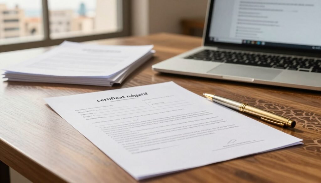 A detailed depiction of a Moroccan "certificat négatif" document laid flat on a polished wooden desk, with a subtle Moroccan pattern visible on the edges. In the foreground, display a gold pen poised beside the document, ready for signing. In the middle ground, include a small stack of legal papers and a laptop with a webpage open about business registration in Morocco. In the background, lightly blurred, show a hint of a bustling cityscape of Casablanca, portraying a warm, afternoon light filtering through a window, casting soft shadows. The atmosphere is professional and focused, encapsulating the essential process of formalizing a business in Morocco. A detailed depiction of a Moroccan "certificat négatif" document laid flat on a polished wooden desk, with a subtle Moroccan pattern visible on the edges. In the foreground, display a gold pen poised beside the document, ready for signing. In the middle ground, include a small stack of legal papers and a laptop with a webpage open about business registration in Morocco. In the background, lightly blurred, show a hint of a bustling cityscape of Casablanca, portraying a warm, afternoon light filtering through a window, casting soft shadows. The atmosphere is professional and focused, encapsulating the essential process of formalizing a business in Morocco.