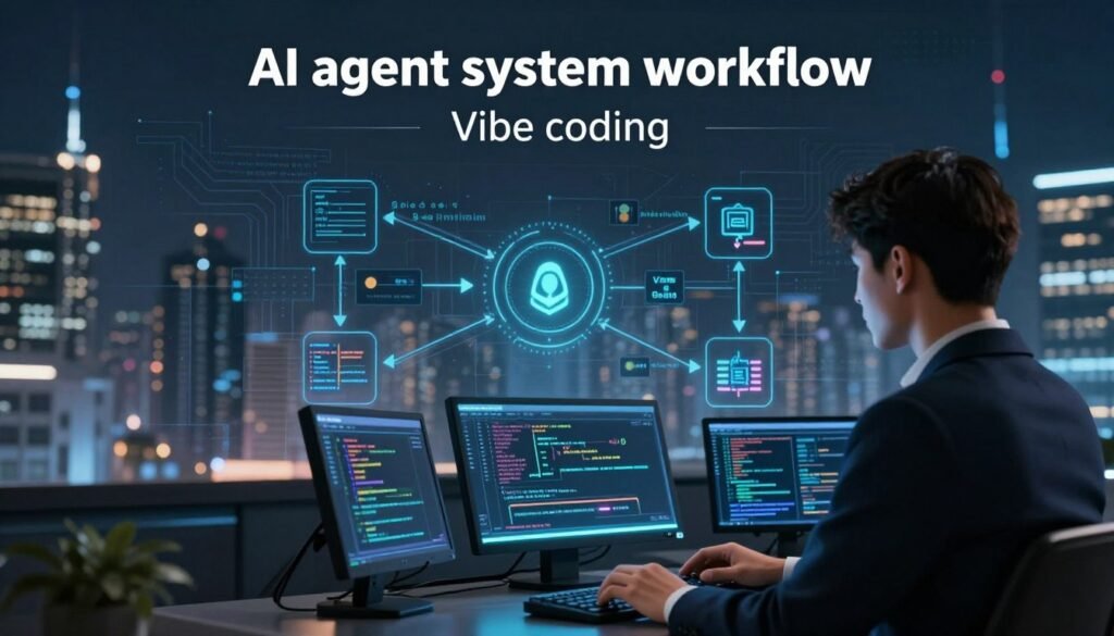 A detailed illustration of an "AI agent system workflow" centered around Vibe coding, featuring a sleek, futuristic interface. In the foreground, a well-dressed professional operates a high-tech console with glowing screens displaying code and data flowcharts. The middle ground showcases interconnected nodes representing various AI agents, with arrows indicating data exchange and processing tasks. In the background, a digital city skyline glows with circuit-like patterns, symbolizing connectivity and technology. Soft, ambient lighting creates a sense of innovation and focus, accentuated by sharp contrasts to emphasize the sleek design elements. The atmosphere is one of cutting-edge technology and collaborative efficiency, perfect for illustrating the complexities of an AI-driven coding environment. A detailed illustration of an "AI agent system workflow" centered around Vibe coding, featuring a sleek, futuristic interface. In the foreground, a well-dressed professional operates a high-tech console with glowing screens displaying code and data flowcharts. The middle ground showcases interconnected nodes representing various AI agents, with arrows indicating data exchange and processing tasks. In the background, a digital city skyline glows with circuit-like patterns, symbolizing connectivity and technology. Soft, ambient lighting creates a sense of innovation and focus, accentuated by sharp contrasts to emphasize the sleek design elements. The atmosphere is one of cutting-edge technology and collaborative efficiency, perfect for illustrating the complexities of an AI-driven coding environment.