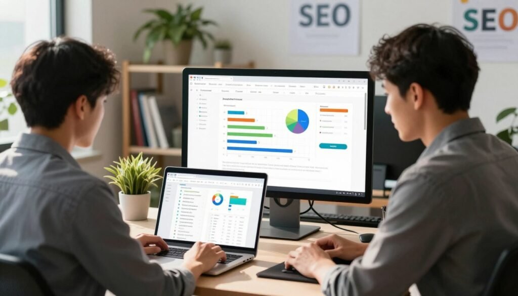 A detailed illustration of an SEO audit being conducted on a computer screen. In the foreground, a professional in business attire is seated at a modern desk, analyzing website performance metrics on a laptop. The middle layer features a large monitor displaying colorful graphs, website analytics, and checklist items. In the background, a soft-focus office setting filled with plants, bookshelves, and SEO-related posters creates a productive atmosphere. Natural light streams in through a window, casting a warm glow across the scene. The mood is focused and analytical, suggesting a thorough examination and strategic planning process for improving SEO effectiveness. A detailed illustration of an SEO audit being conducted on a computer screen. In the foreground, a professional in business attire is seated at a modern desk, analyzing website performance metrics on a laptop. The middle layer features a large monitor displaying colorful graphs, website analytics, and checklist items. In the background, a soft-focus office setting filled with plants, bookshelves, and SEO-related posters creates a productive atmosphere. Natural light streams in through a window, casting a warm glow across the scene. The mood is focused and analytical, suggesting a thorough examination and strategic planning process for improving SEO effectiveness.