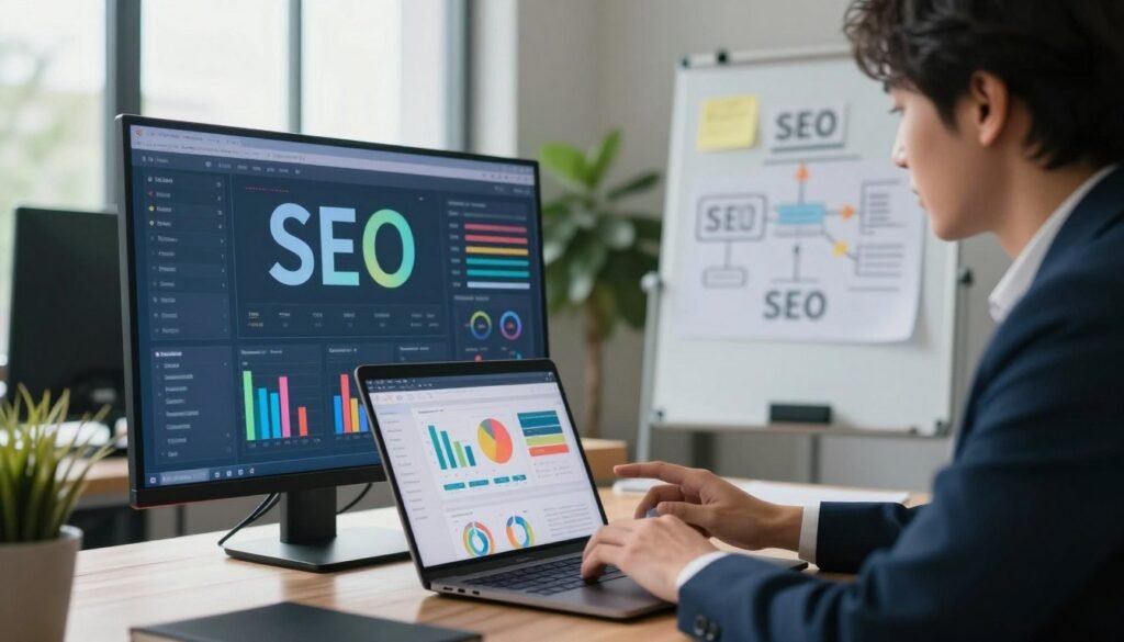 A detailed, modern workspace featuring a professional in business attire analyzing SEO data on a large screen. In the foreground, a sleek laptop displays colorful graphs and website analytics. The middle ground includes a whiteboard filled with notes and flowcharts about SEO strategies. In the background, soft natural light filters through large windows, illuminating indoor plants that add a touch of freshness. The scene conveys a focused yet collaborative atmosphere, reflecting the importance of effective SEO techniques. The composition is slightly angled to emphasize the figures and screens, captured with a cinematic depth of field to draw attention to the elements of digital marketing and analysis. A detailed, modern workspace featuring a professional in business attire analyzing SEO data on a large screen. In the foreground, a sleek laptop displays colorful graphs and website analytics. The middle ground includes a whiteboard filled with notes and flowcharts about SEO strategies. In the background, soft natural light filters through large windows, illuminating indoor plants that add a touch of freshness. The scene conveys a focused yet collaborative atmosphere, reflecting the importance of effective SEO techniques. The composition is slightly angled to emphasize the figures and screens, captured with a cinematic depth of field to draw attention to the elements of digital marketing and analysis.