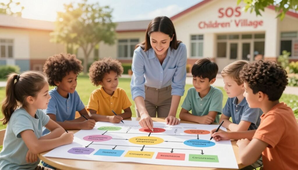 A detailed organizational framework for child support, illustrated in a vibrant, engaging style. In the foreground, show diverse children of various ages and backgrounds, dressed in professional casual clothing, working together on a large diagram that represents the organization. In the middle ground, depict a supportive adult mentor guiding the children, emphasizing collaboration and empowerment. The background features a warm, sunlit environment symbolizing hope and community, with soft greenery and the facade of a welcoming SOS Children’s Village. Use bright, uplifting colors to create a welcoming atmosphere. The composition should be framed at eye level, with a focus on clarity and organization, portraying a professional yet friendly mood that encourages teamwork and innovation. A detailed organizational framework for child support, illustrated in a vibrant, engaging style. In the foreground, show diverse children of various ages and backgrounds, dressed in professional casual clothing, working together on a large diagram that represents the organization. In the middle ground, depict a supportive adult mentor guiding the children, emphasizing collaboration and empowerment. The background features a warm, sunlit environment symbolizing hope and community, with soft greenery and the facade of a welcoming SOS Children’s Village. Use bright, uplifting colors to create a welcoming atmosphere. The composition should be framed at eye level, with a focus on clarity and organization, portraying a professional yet friendly mood that encourages teamwork and innovation.