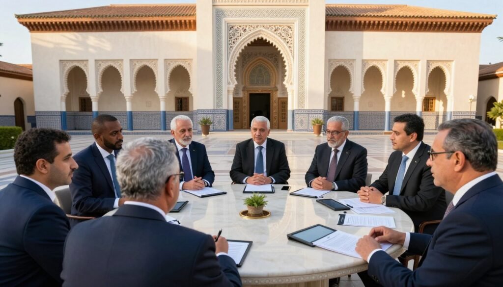 A detailed scene depicting the leadership of the Ministry of Solidarity, Social Integration, and Family in Morocco. In the foreground, a diverse group of professionals in business attire discusses strategy, emphasizing collaboration. In the middle, a round table with documents and digital tablets symbolizes the structural organization of the ministry. The background features an ornate Moroccan-style government building, adorned with traditional tile work and architectural motifs, bathed in warm afternoon light to create a welcoming atmosphere. The angle is slightly elevated, capturing the interactions while showcasing the building's grandeur. The overall mood is one of professionalism and commitment to social integration, highlighting the importance of leadership in public service. A detailed scene depicting the leadership of the Ministry of Solidarity, Social Integration, and Family in Morocco. In the foreground, a diverse group of professionals in business attire discusses strategy, emphasizing collaboration. In the middle, a round table with documents and digital tablets symbolizes the structural organization of the ministry. The background features an ornate Moroccan-style government building, adorned with traditional tile work and architectural motifs, bathed in warm afternoon light to create a welcoming atmosphere. The angle is slightly elevated, capturing the interactions while showcasing the building's grandeur. The overall mood is one of professionalism and commitment to social integration, highlighting the importance of leadership in public service.