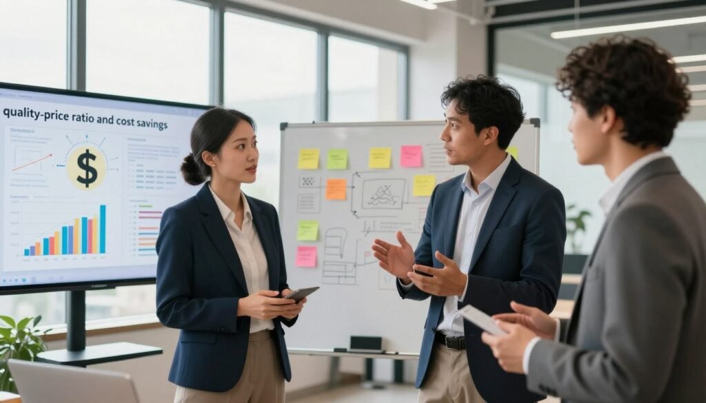 A detailed scene illustrating a business analysis environment focused on "quality-price ratio and cost savings." In the foreground, a diverse group of three professionals—two men in business suits and one woman in smart casual attire—are engaged in an animated discussion. They are surrounded by digital screens displaying graphs, charts, and dollar signs symbolizing savings. In the middle ground, a large interactive whiteboard is filled with colorful post-it notes and annotated ideas. The background features a bright, modern office space with large windows letting in natural light, enhancing the productive atmosphere. The image should convey a sense of collaboration and innovation, with a slightly blurred depth of field to emphasize the central figures. Use soft, warm lighting to create an inviting mood. A detailed scene illustrating a business analysis environment focused on "quality-price ratio and cost savings." In the foreground, a diverse group of three professionals—two men in business suits and one woman in smart casual attire—are engaged in an animated discussion. They are surrounded by digital screens displaying graphs, charts, and dollar signs symbolizing savings. In the middle ground, a large interactive whiteboard is filled with colorful post-it notes and annotated ideas. The background features a bright, modern office space with large windows letting in natural light, enhancing the productive atmosphere. The image should convey a sense of collaboration and innovation, with a slightly blurred depth of field to emphasize the central figures. Use soft, warm lighting to create an inviting mood.