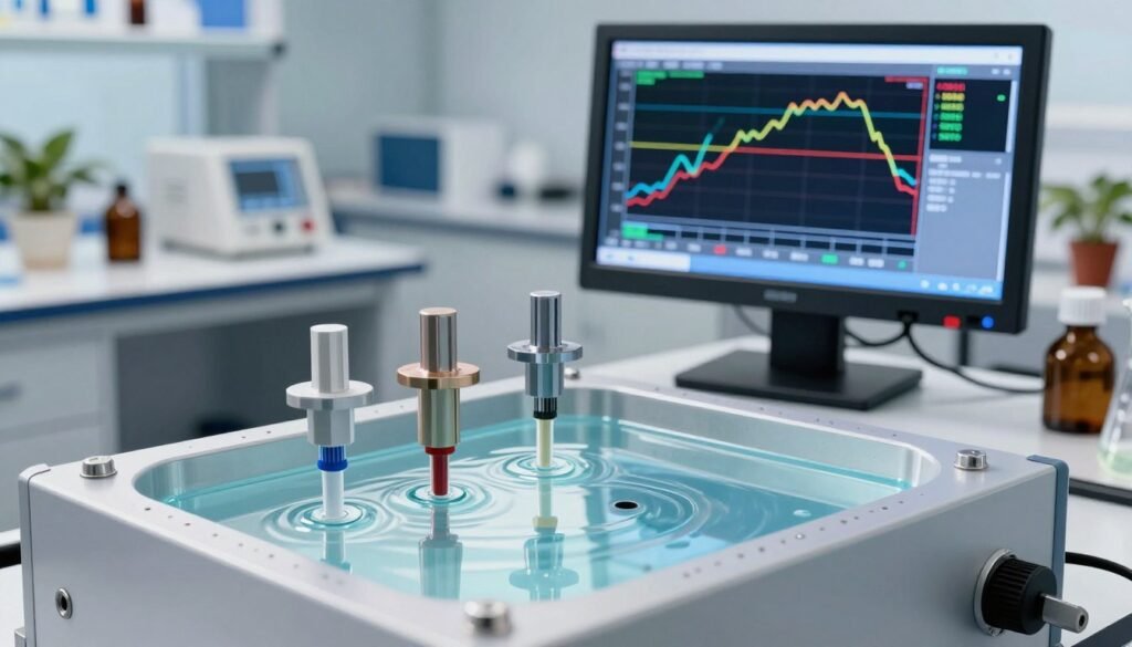 A detailed scientific illustration of the nonlinear voltammetry charging method, showcasing a close-up view of an electrochemical cell with precision electrodes submerged in an electrolyte solution. The foreground features intricate electrode designs made of advanced materials, with subtle reflections from the liquid surface. In the middle ground, colorful voltage-current curves are displayed on a digital screen, demonstrating real-time data analysis. The background consists of a modern laboratory setting with scientific equipment, bright ambient lighting, and a few potted plants adding a touch of warmth. The atmosphere is one of innovation and cutting-edge research, captured from a slight eye-level angle to provide depth and clarity. Ensure a clean, clutter-free image with no text or distractions. A detailed scientific illustration of the nonlinear voltammetry charging method, showcasing a close-up view of an electrochemical cell with precision electrodes submerged in an electrolyte solution. The foreground features intricate electrode designs made of advanced materials, with subtle reflections from the liquid surface. In the middle ground, colorful voltage-current curves are displayed on a digital screen, demonstrating real-time data analysis. The background consists of a modern laboratory setting with scientific equipment, bright ambient lighting, and a few potted plants adding a touch of warmth. The atmosphere is one of innovation and cutting-edge research, captured from a slight eye-level angle to provide depth and clarity. Ensure a clean, clutter-free image with no text or distractions.