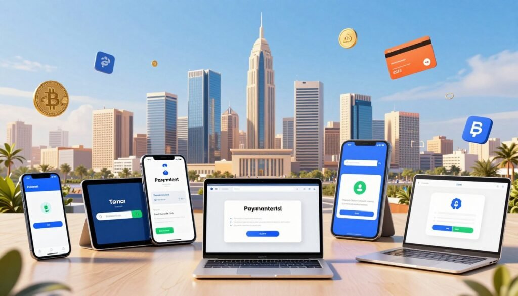 A detailed, vibrant panorama showcasing a diverse range of online payment solutions in 2026. The foreground features sleek, modern digital devices displaying different payment interfaces, such as mobile phones, tablets, and laptops. In the middle ground, depict an impressive city skyline symbolizing advancements in technology and finance, with visually striking bank buildings and fintech startups. The background includes a clear blue sky, filling the scene with optimism and innovation. Soft, warm lighting suggests a productive digital atmosphere, while various icons of cryptocurrencies, e-wallets, and payment cards float throughout the scene, emphasizing interconnectedness. The image conveys a forward-thinking, secure, and dynamic landscape for online transactions in Morocco, free of any text or branding elements. A detailed, vibrant panorama showcasing a diverse range of online payment solutions in 2026. The foreground features sleek, modern digital devices displaying different payment interfaces, such as mobile phones, tablets, and laptops. In the middle ground, depict an impressive city skyline symbolizing advancements in technology and finance, with visually striking bank buildings and fintech startups. The background includes a clear blue sky, filling the scene with optimism and innovation. Soft, warm lighting suggests a productive digital atmosphere, while various icons of cryptocurrencies, e-wallets, and payment cards float throughout the scene, emphasizing interconnectedness. The image conveys a forward-thinking, secure, and dynamic landscape for online transactions in Morocco, free of any text or branding elements.