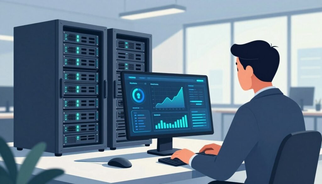 A digital illustration depicting a secure web hosting environment. In the foreground, a professional-looking person in business attire closely monitors a computer displaying a vibrant data security dashboard with graphs and security alerts. In the middle ground, sleek server racks with blinking lights symbolize robust hosting capabilities. The background features a modern office space with large windows, allowing natural light to stream in, creating a bright and optimistic atmosphere. Soft shadows enhance the depth of the scene. The overall mood conveys a sense of vigilance and professionalism, emphasizing the importance of protecting online assets in the digital realm. The color palette is a blend of blues and greens, evoking trust and security. A digital illustration depicting a secure web hosting environment. In the foreground, a professional-looking person in business attire closely monitors a computer displaying a vibrant data security dashboard with graphs and security alerts. In the middle ground, sleek server racks with blinking lights symbolize robust hosting capabilities. The background features a modern office space with large windows, allowing natural light to stream in, creating a bright and optimistic atmosphere. Soft shadows enhance the depth of the scene. The overall mood conveys a sense of vigilance and professionalism, emphasizing the importance of protecting online assets in the digital realm. The color palette is a blend of blues and greens, evoking trust and security.