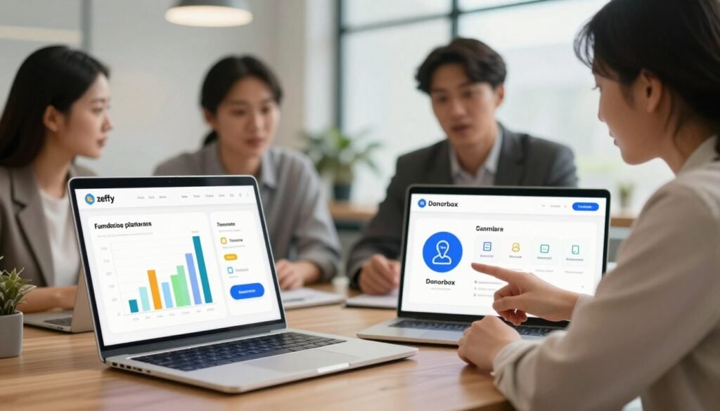 A digital illustration depicting a side-by-side comparison of two fundraising platforms, Zeffy and Donorbox. In the foreground, show a sleek, modern laptop displaying vibrant charts and statistics comparing features, with icons symbolizing transparency and ease of use. In the middle ground, include professional individuals dressed in business attire engaging in a discussion, pointing towards the laptop screen, portraying a collaborative atmosphere. In the background, a blurred office environment with soft lighting creates a warm and inviting feel. Use a wide-angle lens perspective to create depth, emphasizing the importance of teamwork in online fundraising. The overall mood should convey clarity, professionalism, and innovation, encouraging viewers to consider transparent fundraising solutions. A digital illustration depicting a side-by-side comparison of two fundraising platforms, Zeffy and Donorbox. In the foreground, show a sleek, modern laptop displaying vibrant charts and statistics comparing features, with icons symbolizing transparency and ease of use. In the middle ground, include professional individuals dressed in business attire engaging in a discussion, pointing towards the laptop screen, portraying a collaborative atmosphere. In the background, a blurred office environment with soft lighting creates a warm and inviting feel. Use a wide-angle lens perspective to create depth, emphasizing the importance of teamwork in online fundraising. The overall mood should convey clarity, professionalism, and innovation, encouraging viewers to consider transparent fundraising solutions.
