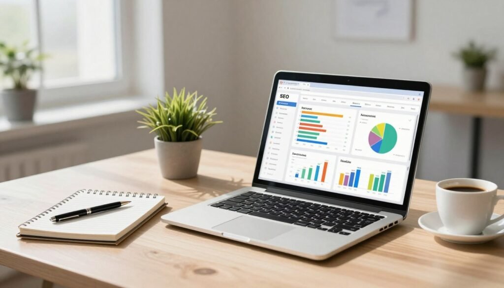 A digital workspace showcasing SEO performance metrics with a focus on keywords. In the foreground, a sleek laptop displays colorful graphs and analytics on its screen, highlighting keyword performance. Beside it, there is a notepad with neatly organized notes and a stylish pen. In the middle ground, a stylish office desk is adorned with a potted plant and a cup of coffee, evoking a productive atmosphere. The background features large windows allowing natural light to flood the room, casting soft shadows. The overall mood is professional yet inviting, suggesting a blend of productivity and innovation. The lighting is bright and clear, emphasizing the modern office environment. A digital workspace showcasing SEO performance metrics with a focus on keywords. In the foreground, a sleek laptop displays colorful graphs and analytics on its screen, highlighting keyword performance. Beside it, there is a notepad with neatly organized notes and a stylish pen. In the middle ground, a stylish office desk is adorned with a potted plant and a cup of coffee, evoking a productive atmosphere. The background features large windows allowing natural light to flood the room, casting soft shadows. The overall mood is professional yet inviting, suggesting a blend of productivity and innovation. The lighting is bright and clear, emphasizing the modern office environment.