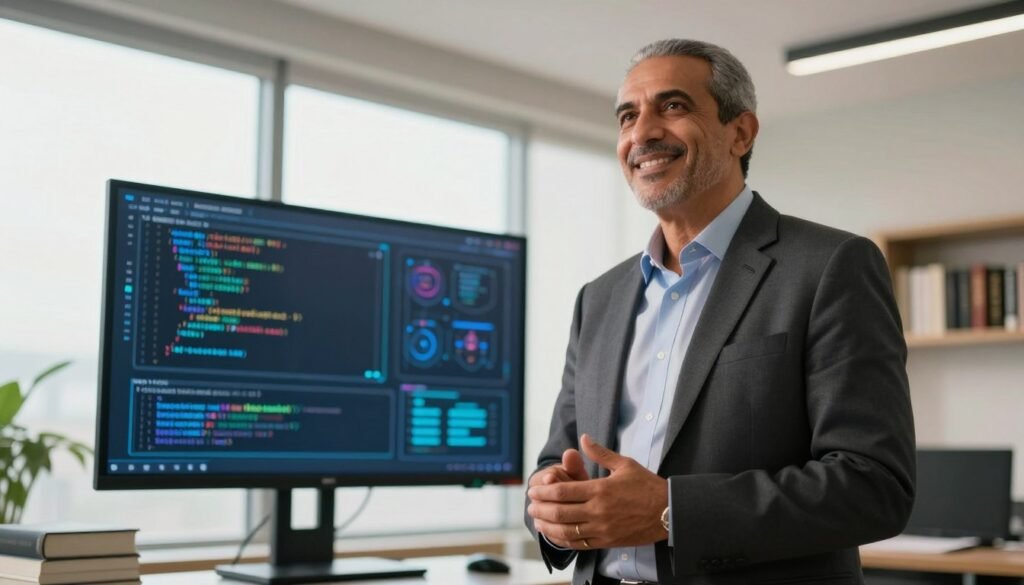A distinguished Moroccan man in professional attire, embodying the essence of a leader and mentor in computer science. He stands confidently, smiling, in a bright, modern office filled with books on technology and innovation. In the foreground, his hands are gently clasped in front of him, symbolizing openness and approachability. The middle ground showcases a large interactive screen displaying intricate code and digital diagrams, illustrating his expertise. The background features large windows allowing soft, warm natural light to flood the space, creating an inspiring atmosphere. The angle captures a slight upward tilt, emphasizing his stature as a respected figure in the tech community, radiating wisdom and guidance. The overall mood is one of inspiration, professionalism, and leadership. A distinguished Moroccan man in professional attire, embodying the essence of a leader and mentor in computer science. He stands confidently, smiling, in a bright, modern office filled with books on technology and innovation. In the foreground, his hands are gently clasped in front of him, symbolizing openness and approachability. The middle ground showcases a large interactive screen displaying intricate code and digital diagrams, illustrating his expertise. The background features large windows allowing soft, warm natural light to flood the space, creating an inspiring atmosphere. The angle captures a slight upward tilt, emphasizing his stature as a respected figure in the tech community, radiating wisdom and guidance. The overall mood is one of inspiration, professionalism, and leadership.