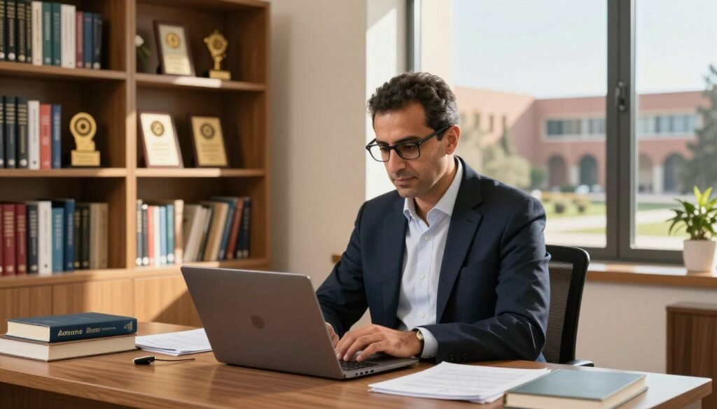 A distinguished Moroccan scientist, Adnane Remmal, is portrayed in a modern academic setting, seated at an elegant wooden desk filled with books and research papers. Foreground: Adnane, a middle-aged man with short, dark hair and glasses, is dressed in a smart blazer over a crisp shirt, deeply focused on a laptop in front of him. Middle ground: A well-organized bookshelf lined with scientific texts and awards, showcasing his academic achievements. Background: A large window reveals a scenic view of a university campus, bathed in warm sunlight, casting soft shadows. The atmosphere is one of inspiration and intellectual curiosity, with a slight warmth emphasizing his achievements. The composition should have a professional, clean aesthetic with soft lighting, evoking a sense of dedication and success in his academic journey.