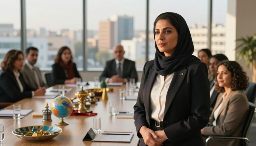 A distinguished Moroccan woman, inspired by Fatima Mernissi, stands confidently at an international conference, representing feminism. She wears professional business attire, exuding intelligence and strength. In the foreground, her thoughtful expression is highlighted, symbolizing her commitment to women’s rights. The middle ground features a conference table adorned with diverse cultural items from around the globe, indicating international recognition. Attendees of various ethnicities engage in discussion, emphasizing the theme of global unity. The background displays a large window overlooking a vibrant cityscape, bathed in warm afternoon sunlight, creating an uplifting and hopeful atmosphere. The image has a soft focus effect, emphasizing the woman's presence, with a balanced exposure to enhance the richness of colors and details, evoking a sense of empowerment and legacy. A distinguished Moroccan woman, inspired by Fatima Mernissi, stands confidently at an international conference, representing feminism. She wears professional business attire, exuding intelligence and strength. In the foreground, her thoughtful expression is highlighted, symbolizing her commitment to women’s rights. The middle ground features a conference table adorned with diverse cultural items from around the globe, indicating international recognition. Attendees of various ethnicities engage in discussion, emphasizing the theme of global unity. The background displays a large window overlooking a vibrant cityscape, bathed in warm afternoon sunlight, creating an uplifting and hopeful atmosphere. The image has a soft focus effect, emphasizing the woman's presence, with a balanced exposure to enhance the richness of colors and details, evoking a sense of empowerment and legacy.