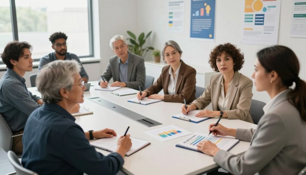 A diverse group of adults engaged in a financial literacy training session, seated around a well-lit conference table. The foreground features a confident trainer, a middle-aged woman in professional attire, actively explaining financial concepts using colorful charts and graphs. In the middle ground, participants of various ages and backgrounds, dressed in business casual clothing, are attentively taking notes and asking questions. The background shows a modern classroom with motivational posters related to financial success. Soft natural light pours in through large windows, creating an inviting and focused atmosphere, while the camera captures the scene from a slightly elevated angle to emphasize interaction and engagement among the participants. A diverse group of adults engaged in a financial literacy training session, seated around a well-lit conference table. The foreground features a confident trainer, a middle-aged woman in professional attire, actively explaining financial concepts using colorful charts and graphs. In the middle ground, participants of various ages and backgrounds, dressed in business casual clothing, are attentively taking notes and asking questions. The background shows a modern classroom with motivational posters related to financial success. Soft natural light pours in through large windows, creating an inviting and focused atmosphere, while the camera captures the scene from a slightly elevated angle to emphasize interaction and engagement among the participants.