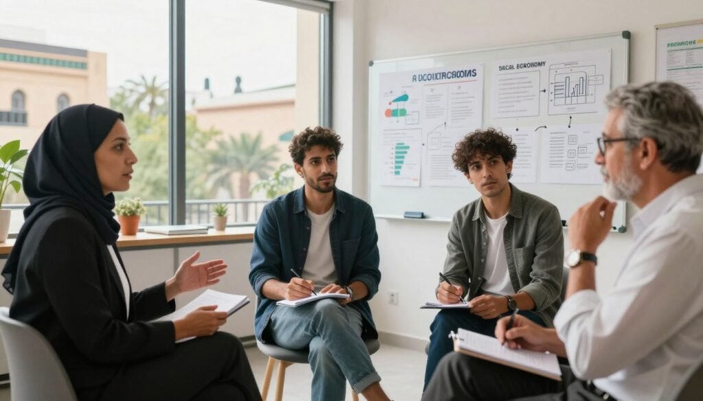 A diverse group of key figures in solidary economy engaged in collaborative discussions in a modern, sunlit office space. In the foreground, depict three professionals: a middle-aged Moroccan woman in business attire leading the conversation, a young man in a smart casual outfit jotting down notes, and an older man with glasses gesturing thoughtfully. In the middle ground, a large whiteboard filled with diagrams and plans related to social enterprises. The background shows a window view of a green urban landscape with Moroccan architecture, emphasizing sustainability. Soft, natural lighting illuminates the scene, creating an atmosphere of cooperation and innovation. Capture the essence of teamwork and the positive impact of the solidary economy in Morocco. A diverse group of key figures in solidary economy engaged in collaborative discussions in a modern, sunlit office space. In the foreground, depict three professionals: a middle-aged Moroccan woman in business attire leading the conversation, a young man in a smart casual outfit jotting down notes, and an older man with glasses gesturing thoughtfully. In the middle ground, a large whiteboard filled with diagrams and plans related to social enterprises. The background shows a window view of a green urban landscape with Moroccan architecture, emphasizing sustainability. Soft, natural lighting illuminates the scene, creating an atmosphere of cooperation and innovation. Capture the essence of teamwork and the positive impact of the solidary economy in Morocco.