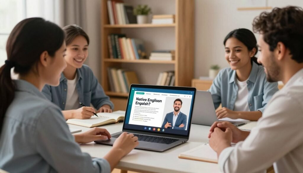 A diverse group of native English tutors engaged in a video call on a modern laptop, set in a cozy, well-lit home office environment. In the foreground, the tutors are depicted smiling and interacting enthusiastically, dressed in smart, casual attire. The middle ground features a sleek laptop with vibrant screen graphics of English learning materials and a cozy background with bookshelves filled with English literature and learning resources. The lighting is warm and inviting, creating a welcoming atmosphere that encourages learning. The angle captures a close view of the tutors' engaging expressions, showcasing a sense of professionalism and approachability, perfect for illustrating the benefits of learning English online. A diverse group of native English tutors engaged in a video call on a modern laptop, set in a cozy, well-lit home office environment. In the foreground, the tutors are depicted smiling and interacting enthusiastically, dressed in smart, casual attire. The middle ground features a sleek laptop with vibrant screen graphics of English learning materials and a cozy background with bookshelves filled with English literature and learning resources. The lighting is warm and inviting, creating a welcoming atmosphere that encourages learning. The angle captures a close view of the tutors' engaging expressions, showcasing a sense of professionalism and approachability, perfect for illustrating the benefits of learning English online.