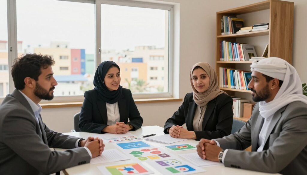 A diverse group of professionals engaged in a collaborative meeting centered on child protection in Morocco. In the foreground, three adults, a male Moroccan social worker, a female international UNICEF representative, and a male community leader, are seated around a table covered in colorful charts and documents, all wearing modest professional attire. The middle ground shows a large window allowing natural light to flood the room, highlighting a vibrant cityscape outside, symbolizing hope and potential. In the background, a bookshelf filled with child welfare literature emphasizes the importance of knowledge in child protection partnerships. The atmosphere is one of teamwork and forward-thinking, with warm, inviting lighting that creates a positive and optimistic mood. A diverse group of professionals engaged in a collaborative meeting centered on child protection in Morocco. In the foreground, three adults, a male Moroccan social worker, a female international UNICEF representative, and a male community leader, are seated around a table covered in colorful charts and documents, all wearing modest professional attire. The middle ground shows a large window allowing natural light to flood the room, highlighting a vibrant cityscape outside, symbolizing hope and potential. In the background, a bookshelf filled with child welfare literature emphasizes the importance of knowledge in child protection partnerships. The atmosphere is one of teamwork and forward-thinking, with warm, inviting lighting that creates a positive and optimistic mood.