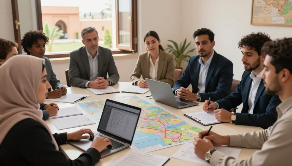 A diverse group of professionals engaged in a collaborative meeting, showcasing local and international cooperation in Morocco. In the foreground, a Moroccan woman in professional attire is presenting an idea, with a laptop open, while an international partner, a man in smart casual clothing, attentively listens. In the middle ground, a round table filled with documents and maps highlighting Morocco's development projects. The background features an open window with a view of Moroccan architecture and greenery. Soft, natural lighting pours in, creating a warm atmosphere that reflects positivity and teamwork. The camera angle is slightly above the table, focusing on the interaction and expressions of cooperation. A diverse group of professionals engaged in a collaborative meeting, showcasing local and international cooperation in Morocco. In the foreground, a Moroccan woman in professional attire is presenting an idea, with a laptop open, while an international partner, a man in smart casual clothing, attentively listens. In the middle ground, a round table filled with documents and maps highlighting Morocco's development projects. The background features an open window with a view of Moroccan architecture and greenery. Soft, natural lighting pours in, creating a warm atmosphere that reflects positivity and teamwork. The camera angle is slightly above the table, focusing on the interaction and expressions of cooperation.