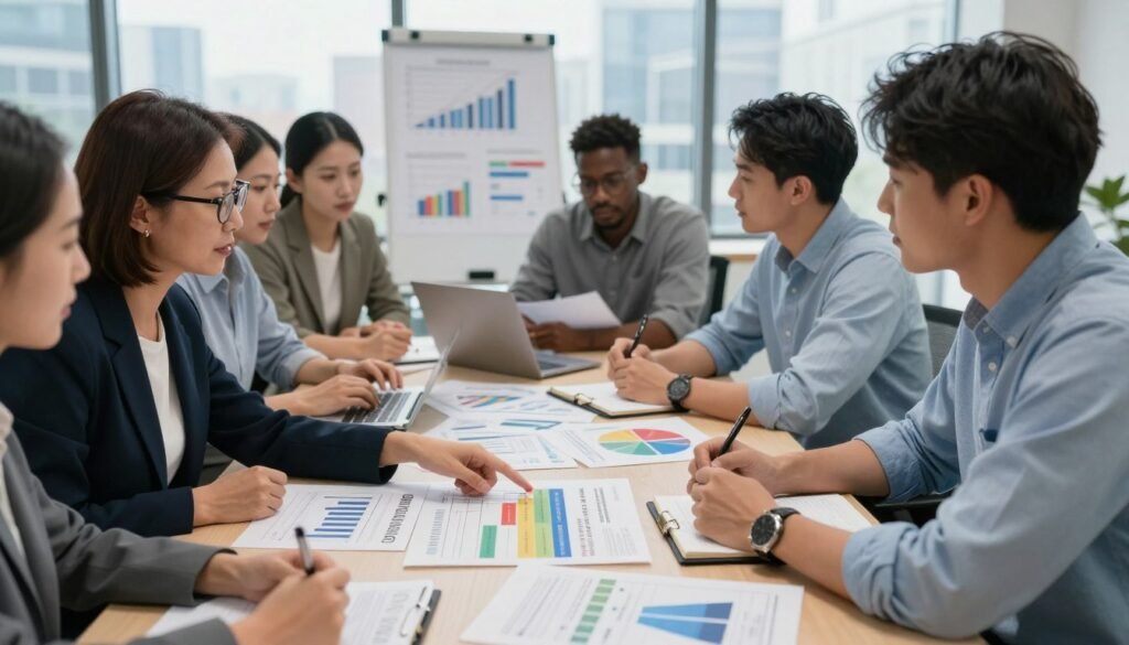 A diverse group of professionals in an office setting, engaged in intense discussions around a large table scattered with reports and charts depicting success stories and challenges related to human development projects. In the foreground, a middle-aged woman with glasses, dressed in smart business attire, points at a colorful infographic, while a young man in a blue shirt takes notes. In the middle, a whiteboard displays graphs and key metrics, illuminated by soft, warm lighting that enhances a collaborative atmosphere. The background features a large window showing a cityscape, symbolizing progress and growth. The overall mood is one of focus and determination, highlighting the evaluation of impactful initiatives. The angle is slightly above eye level, creating an engaging perspective. A diverse group of professionals in an office setting, engaged in intense discussions around a large table scattered with reports and charts depicting success stories and challenges related to human development projects. In the foreground, a middle-aged woman with glasses, dressed in smart business attire, points at a colorful infographic, while a young man in a blue shirt takes notes. In the middle, a whiteboard displays graphs and key metrics, illuminated by soft, warm lighting that enhances a collaborative atmosphere. The background features a large window showing a cityscape, symbolizing progress and growth. The overall mood is one of focus and determination, highlighting the evaluation of impactful initiatives. The angle is slightly above eye level, creating an engaging perspective.