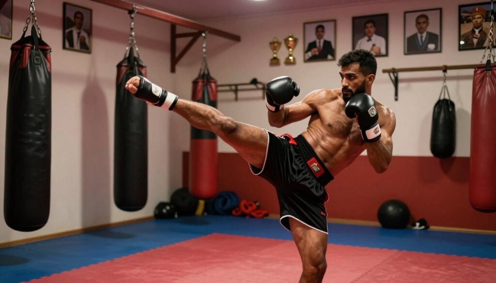 A dynamic, action-packed scene capturing Badr Hari, the legendary Moroccan kickboxer, in an intense training session. In the foreground, Badr is depicted in professional training attire, showcasing his athletic build and focus as he delivers a powerful roundhouse kick. The middle ground features a traditional Moroccan gym setting, with training equipment like punching bags and mats enhancing the atmosphere of dedication. In the background, the walls are adorned with historical images and trophies from his career, symbolizing his legacy in the sport. Warm, dramatic lighting highlights his determined expression, while shadows create a sense of depth. The overall mood is inspiring and motivational, reflecting Badr Hari's journey in kickboxing and his cultural heritage. A dynamic, action-packed scene capturing Badr Hari, the legendary Moroccan kickboxer, in an intense training session. In the foreground, Badr is depicted in professional training attire, showcasing his athletic build and focus as he delivers a powerful roundhouse kick. The middle ground features a traditional Moroccan gym setting, with training equipment like punching bags and mats enhancing the atmosphere of dedication. In the background, the walls are adorned with historical images and trophies from his career, symbolizing his legacy in the sport. Warm, dramatic lighting highlights his determined expression, while shadows create a sense of depth. The overall mood is inspiring and motivational, reflecting Badr Hari's journey in kickboxing and his cultural heritage.