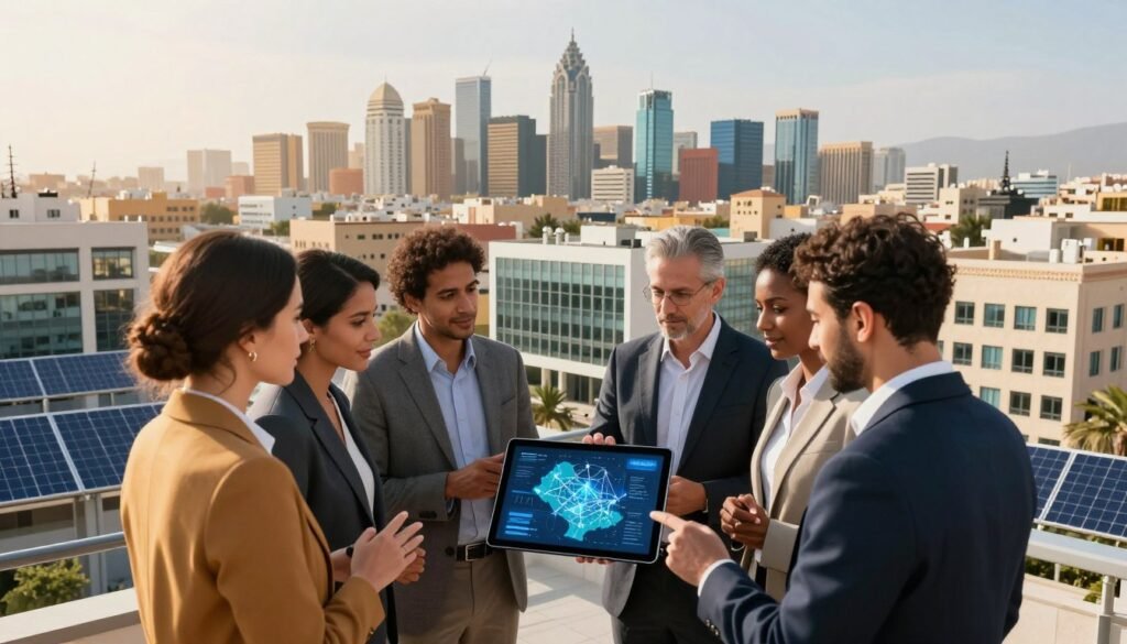 A dynamic and engaging image showcasing strategic partnerships in Morocco’s digital landscape. In the foreground, a group of diverse business professionals in smart attire are engaged in discussion around a digital tablet, displaying a map of Morocco with digital connections highlighted. The middle ground features modern office buildings representing public and private sectors, symbolizing collaboration. In the background, the vibrant skyline of a Moroccan city, with traditional architecture blending with modern technology, like solar panels and fiber optics. The lighting is warm and inviting, suggesting innovation and progression, with bright sunlight casting gentle shadows. The mood is optimistic and forward-thinking, ideal for a discussion about digital transformation and collaborative initiatives. A dynamic and engaging image showcasing strategic partnerships in Morocco’s digital landscape. In the foreground, a group of diverse business professionals in smart attire are engaged in discussion around a digital tablet, displaying a map of Morocco with digital connections highlighted. The middle ground features modern office buildings representing public and private sectors, symbolizing collaboration. In the background, the vibrant skyline of a Moroccan city, with traditional architecture blending with modern technology, like solar panels and fiber optics. The lighting is warm and inviting, suggesting innovation and progression, with bright sunlight casting gentle shadows. The mood is optimistic and forward-thinking, ideal for a discussion about digital transformation and collaborative initiatives.