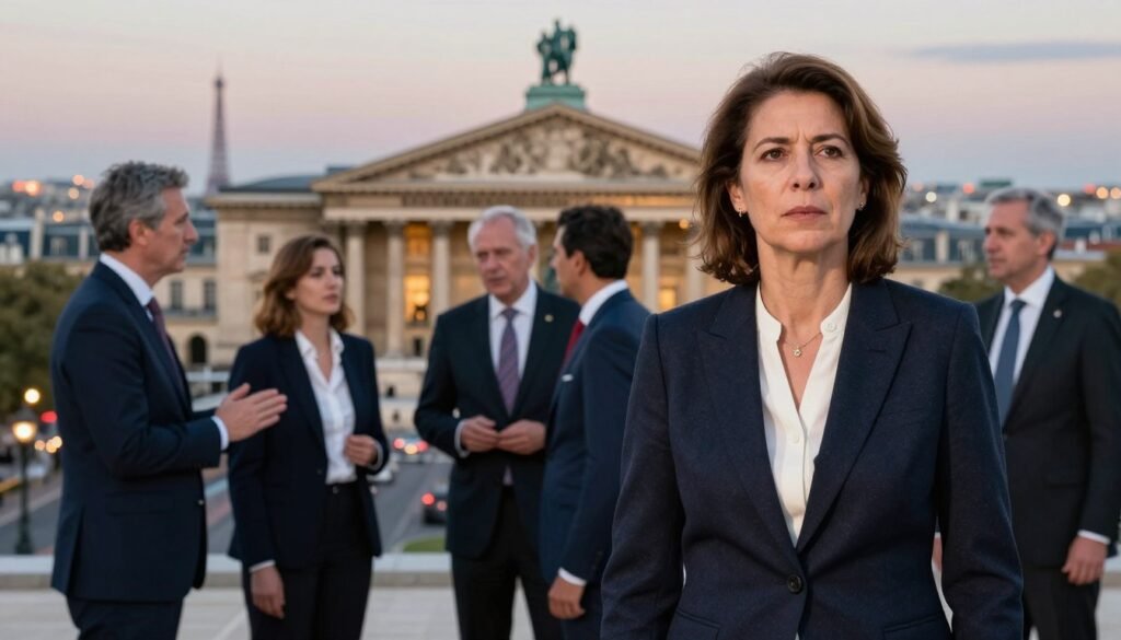 A dynamic and engaging representation of the French political landscape, focusing on Najat Vallaud-Belkacem and her influence. In the foreground, a confident woman in professional attire stands with a determined expression, symbolizing leadership and resilience. The middle ground showcases diverse political figures interacting in a dialogue, conveying a sense of collaboration and tension, set against a backdrop of the iconic French National Assembly building, subtly illuminated by soft, warm lighting. The background features a blurred Parisian skyline at dusk, with hints of the Eiffel Tower and vibrant city lights, creating an atmosphere of modernity and progression. The overall mood is empowering, reflecting the intricate resonances and impacts within contemporary French politics. A dynamic and engaging representation of the French political landscape, focusing on Najat Vallaud-Belkacem and her influence. In the foreground, a confident woman in professional attire stands with a determined expression, symbolizing leadership and resilience. The middle ground showcases diverse political figures interacting in a dialogue, conveying a sense of collaboration and tension, set against a backdrop of the iconic French National Assembly building, subtly illuminated by soft, warm lighting. The background features a blurred Parisian skyline at dusk, with hints of the Eiffel Tower and vibrant city lights, creating an atmosphere of modernity and progression. The overall mood is empowering, reflecting the intricate resonances and impacts within contemporary French politics.