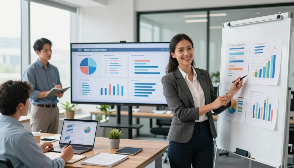 A dynamic and engaging scene illustrating market research use cases with online surveys, featuring a diverse group of professionals in a modern office setting. In the foreground, a confident businesswoman in professional attire stands at a whiteboard, presenting colorful charts and graphics that highlight survey data. To her left, a focused businessman analyzes survey results on a laptop, while a third colleague takes notes. In the middle ground, a large digital screen showcases infographics related to survey applications in various industries. The background features contemporary office decor with large windows allowing natural light to flood the space. The image has a bright, optimistic atmosphere, emphasizing collaboration and the power of data-driven decision-making, captured from a slightly elevated angle to enhance depth. A dynamic and engaging scene illustrating market research use cases with online surveys, featuring a diverse group of professionals in a modern office setting. In the foreground, a confident businesswoman in professional attire stands at a whiteboard, presenting colorful charts and graphics that highlight survey data. To her left, a focused businessman analyzes survey results on a laptop, while a third colleague takes notes. In the middle ground, a large digital screen showcases infographics related to survey applications in various industries. The background features contemporary office decor with large windows allowing natural light to flood the space. The image has a bright, optimistic atmosphere, emphasizing collaboration and the power of data-driven decision-making, captured from a slightly elevated angle to enhance depth.