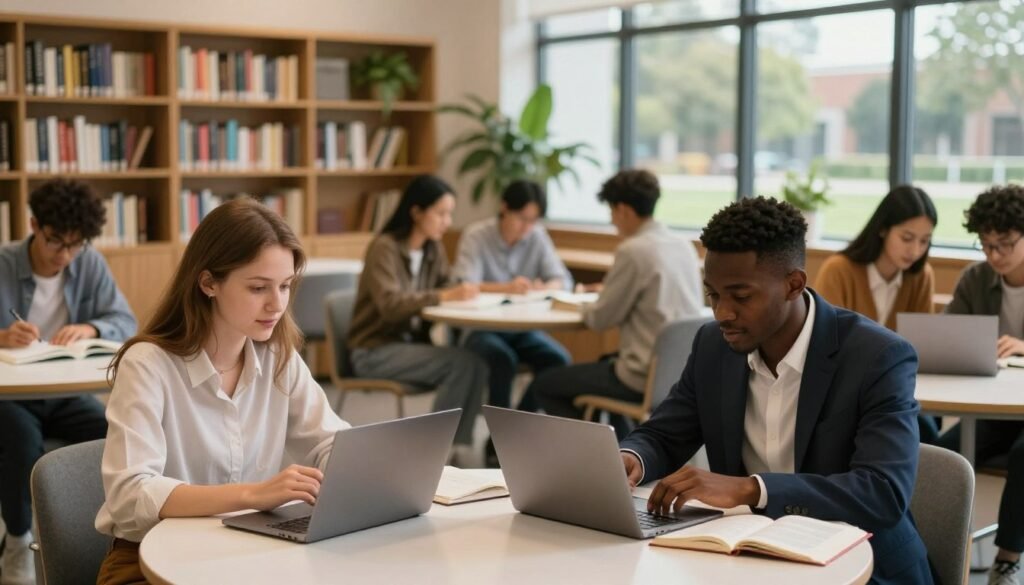 A dynamic and engaging study environment showcasing a diverse group of students working together, fully immersed in their studies. In the foreground, two students, one Caucasian and one Black, are seated at a round table with laptops open and books spread out, both dressed in smart casual attire, demonstrating collaboration. The middle ground features a cozy library backdrop filled with shelves of books and greenery, creating an inviting atmosphere. Soft, warm lighting illuminates the scene, enhancing the mood of focus and motivation. In the background, large windows filter in natural light, revealing a serene campus view. The overall composition should evoke a sense of support, teamwork, and dedication to academic success. A dynamic and engaging study environment showcasing a diverse group of students working together, fully immersed in their studies. In the foreground, two students, one Caucasian and one Black, are seated at a round table with laptops open and books spread out, both dressed in smart casual attire, demonstrating collaboration. The middle ground features a cozy library backdrop filled with shelves of books and greenery, creating an inviting atmosphere. Soft, warm lighting illuminates the scene, enhancing the mood of focus and motivation. In the background, large windows filter in natural light, revealing a serene campus view. The overall composition should evoke a sense of support, teamwork, and dedication to academic success.