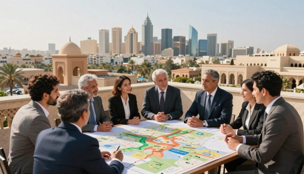 A dynamic and engaging visual representation of strategic investment sectors in Morocco. In the foreground, depict a diverse group of professionals in business attire, engaged in a collaborative discussion over a large map illustrating key sectors like renewable energy, agriculture, technology, and tourism. In the middle ground, include iconic Moroccan architectural elements and modern business buildings to signify growth and innovation. The background should feature a skyline of major Moroccan cities under a bright, clear sky, evoking optimism and opportunity. Use warm, natural lighting to create a welcoming atmosphere, with a slightly elevated angle to capture the interaction and the landscape effectively. The image should reflect a sense of professionalism, collaboration, and forward-thinking investment potential. A dynamic and engaging visual representation of strategic investment sectors in Morocco. In the foreground, depict a diverse group of professionals in business attire, engaged in a collaborative discussion over a large map illustrating key sectors like renewable energy, agriculture, technology, and tourism. In the middle ground, include iconic Moroccan architectural elements and modern business buildings to signify growth and innovation. The background should feature a skyline of major Moroccan cities under a bright, clear sky, evoking optimism and opportunity. Use warm, natural lighting to create a welcoming atmosphere, with a slightly elevated angle to capture the interaction and the landscape effectively. The image should reflect a sense of professionalism, collaboration, and forward-thinking investment potential.