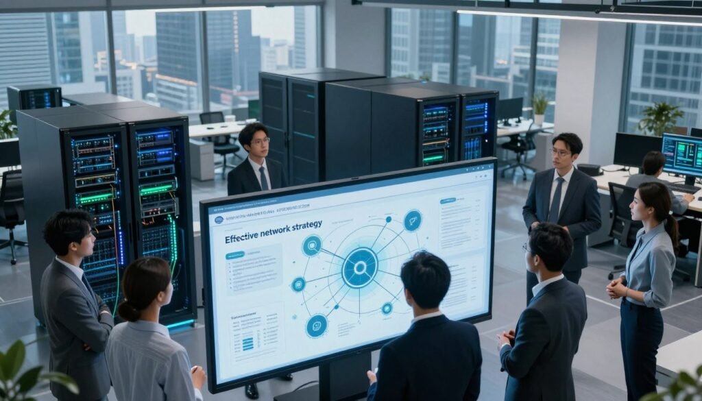 A dynamic and modern office environment showcasing the key components of an effective network strategy. In the foreground, a diverse team of professionals in business attire discuss network diagrams and strategy on a large touchscreen display. The middle ground features sleek servers and networking equipment, illuminated by soft, cool lighting that emphasizes their high-tech design. In the background, large windows reveal a bustling cityscape, symbolizing connectivity. The color palette is a blend of blues and greens, creating a tech-savvy atmosphere. The composition is captured from a slightly elevated angle, providing a comprehensive view of the teamwork and technology at play, evoking a mood of innovation and collaboration. A dynamic and modern office environment showcasing the key components of an effective network strategy. In the foreground, a diverse team of professionals in business attire discuss network diagrams and strategy on a large touchscreen display. The middle ground features sleek servers and networking equipment, illuminated by soft, cool lighting that emphasizes their high-tech design. In the background, large windows reveal a bustling cityscape, symbolizing connectivity. The color palette is a blend of blues and greens, creating a tech-savvy atmosphere. The composition is captured from a slightly elevated angle, providing a comprehensive view of the teamwork and technology at play, evoking a mood of innovation and collaboration.