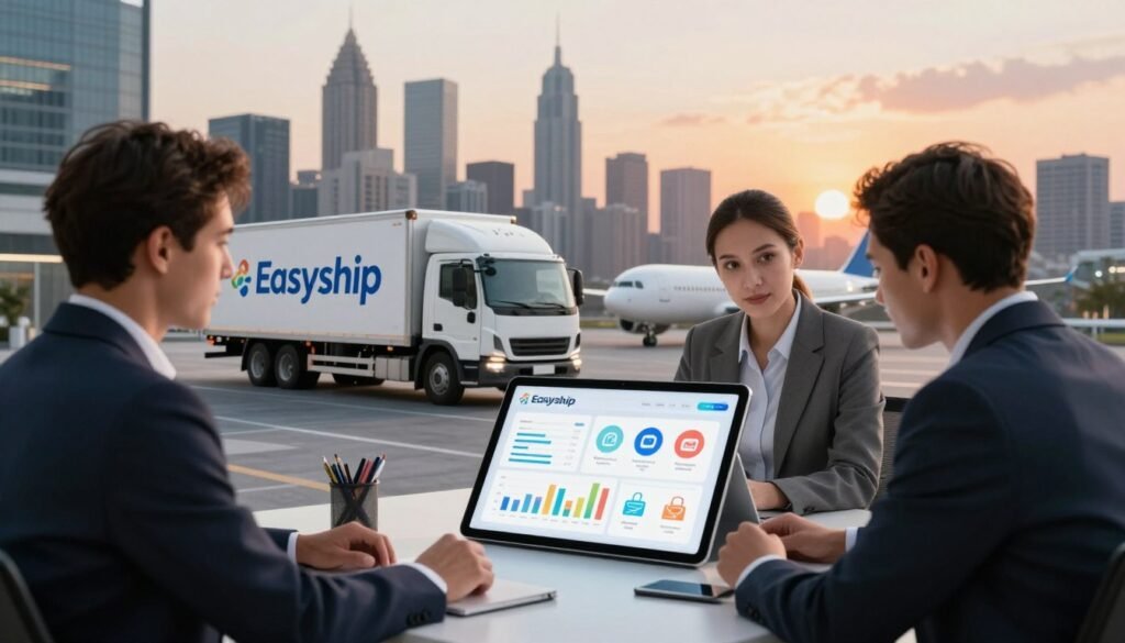 A dynamic and modern workspace showcasing the key logistics features of the Easyship platform. In the foreground, a diverse group of three professionals in business attire collaborates over a large digital tablet displaying colorful graphs and shipment icons. The middle of the scene includes a sleek freight truck and a cargo airplane to symbolize efficient shipping. The background features a stylish city skyline during sunset, casting a warm glow over the scene, enhancing the ambiance of innovation and efficiency. Soft yet focused lighting highlights the team's interaction, creating a sense of collaboration and excitement in the logistics process. The overall mood conveys professionalism, progress, and the ease of modern shipping solutions. A dynamic and modern workspace showcasing the key logistics features of the Easyship platform. In the foreground, a diverse group of three professionals in business attire collaborates over a large digital tablet displaying colorful graphs and shipment icons. The middle of the scene includes a sleek freight truck and a cargo airplane to symbolize efficient shipping. The background features a stylish city skyline during sunset, casting a warm glow over the scene, enhancing the ambiance of innovation and efficiency. Soft yet focused lighting highlights the team's interaction, creating a sense of collaboration and excitement in the logistics process. The overall mood conveys professionalism, progress, and the ease of modern shipping solutions.
