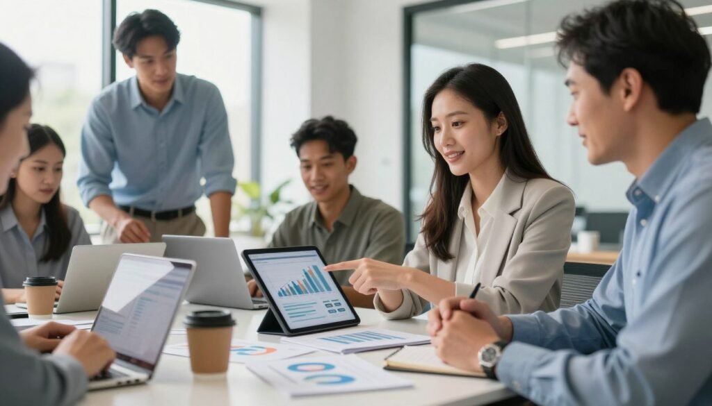 A dynamic and professional scene depicting a group of diverse entrepreneurs engaged in a collaborative atmosphere, brainstorming ideas for a startup funding campaign. In the foreground, a focused young woman in smart business attire points at a digital tablet displaying financial graphs, while a middle-aged man nods in agreement, holding a notebook. In the middle ground, a round table cluttered with laptops, charts, and coffee cups hints at an active planning session. The background features a bright, modern office with large windows, allowing natural light to stream in, creating an uplifting and motivating environment. The mood is energetic and optimistic, capturing the essence of teamwork and innovation. A dynamic and professional scene depicting a group of diverse entrepreneurs engaged in a collaborative atmosphere, brainstorming ideas for a startup funding campaign. In the foreground, a focused young woman in smart business attire points at a digital tablet displaying financial graphs, while a middle-aged man nods in agreement, holding a notebook. In the middle ground, a round table cluttered with laptops, charts, and coffee cups hints at an active planning session. The background features a bright, modern office with large windows, allowing natural light to stream in, creating an uplifting and motivating environment. The mood is energetic and optimistic, capturing the essence of teamwork and innovation.