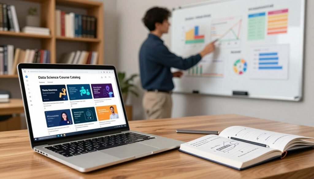 A dynamic and visually appealing image representing a "Data Science Course Catalog." In the foreground, an elegant wooden desk displays an open laptop with vibrant course thumbnails on the screen. Beside the laptop, there are notebooks filled with Python, SQL, R, and AI keywords and diagrams. In the middle ground, a professional instructor, dressed in business casual attire, gestures towards a whiteboard covered with colorful charts and statistics related to data science. The background includes shelves filled with books on data analysis, coding, and machine learning, softly lit with warm light. The overall atmosphere is educational and inspiring, evoking a sense of enthusiasm for learning and mastering data science skills. The focus is on clarity and organization, showcasing the structured approach to data science courses. A dynamic and visually appealing image representing a "Data Science Course Catalog." In the foreground, an elegant wooden desk displays an open laptop with vibrant course thumbnails on the screen. Beside the laptop, there are notebooks filled with Python, SQL, R, and AI keywords and diagrams. In the middle ground, a professional instructor, dressed in business casual attire, gestures towards a whiteboard covered with colorful charts and statistics related to data science. The background includes shelves filled with books on data analysis, coding, and machine learning, softly lit with warm light. The overall atmosphere is educational and inspiring, evoking a sense of enthusiasm for learning and mastering data science skills. The focus is on clarity and organization, showcasing the structured approach to data science courses.