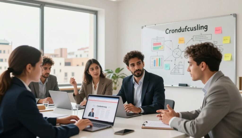 A dynamic, bustling scene depicting the concept of crowdfunding in Morocco. In the foreground, a diverse group of 4-5 individuals, wearing professional business attire, engage in animated discussion around a laptop showcasing crowdfunding platforms. The middle ground features a modern, minimalistic workspace with a large whiteboard filled with colorful diagrams and sticky notes, illustrating ideas for projects seeking funding. In the background, a bright and airy window reveals a cityscape of Morocco, enhancing the sense of location. Soft, natural lighting casts an inviting glow over the scene, creating an atmosphere of collaboration and innovation. The overall mood is inspiring and professional, encouraging a sense of community and support within the crowdfunding landscape. A dynamic, bustling scene depicting the concept of crowdfunding in Morocco. In the foreground, a diverse group of 4-5 individuals, wearing professional business attire, engage in animated discussion around a laptop showcasing crowdfunding platforms. The middle ground features a modern, minimalistic workspace with a large whiteboard filled with colorful diagrams and sticky notes, illustrating ideas for projects seeking funding. In the background, a bright and airy window reveals a cityscape of Morocco, enhancing the sense of location. Soft, natural lighting casts an inviting glow over the scene, creating an atmosphere of collaboration and innovation. The overall mood is inspiring and professional, encouraging a sense of community and support within the crowdfunding landscape.