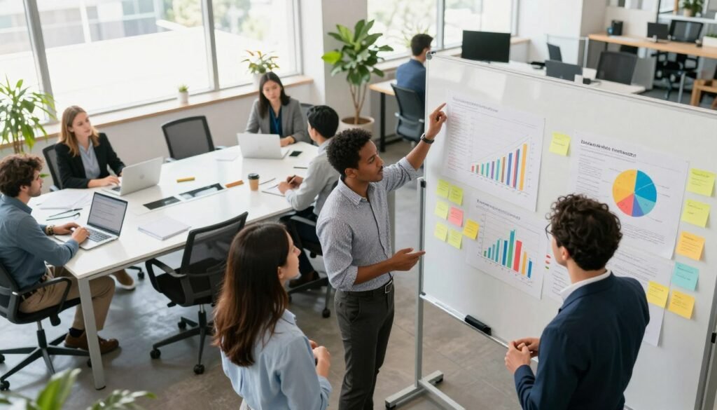 A dynamic, modern workspace depicting a team of diverse professionals engaged in brainstorming and analyzing market hypotheses. In the foreground, a group of three individuals in professional attire, two men and one woman, are gathered around a large whiteboard filled with colorful charts, graphs, and sticky notes. In the middle ground, a sleek conference table with laptops and notepads, symbolizing collaboration and innovation. The background showcases a bright, open office with large windows letting in natural light, and green plants adding a touch of nature. The atmosphere is energetic and focused, reflecting the principles of the Lean Startup methodology as they transition from theory to practice. The image has a slightly elevated angle, emphasizing teamwork and creativity. A dynamic, modern workspace depicting a team of diverse professionals engaged in brainstorming and analyzing market hypotheses. In the foreground, a group of three individuals in professional attire, two men and one woman, are gathered around a large whiteboard filled with colorful charts, graphs, and sticky notes. In the middle ground, a sleek conference table with laptops and notepads, symbolizing collaboration and innovation. The background showcases a bright, open office with large windows letting in natural light, and green plants adding a touch of nature. The atmosphere is energetic and focused, reflecting the principles of the Lean Startup methodology as they transition from theory to practice. The image has a slightly elevated angle, emphasizing teamwork and creativity.