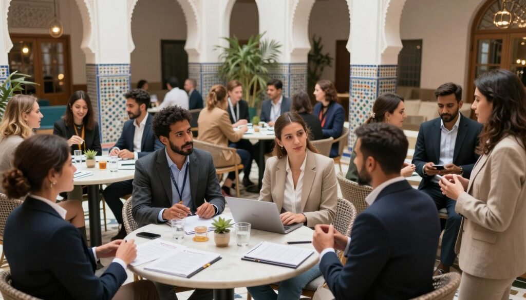 A dynamic networking event scene featuring diverse entrepreneurs in a modern Moroccan setting. In the foreground, a diverse group of professionals dressed in smart business attire, engaged in discussion and exchanging ideas, conveying collaboration and ambition. In the middle ground, elegant round tables adorned with business materials and refreshments, surrounded by cheerful participants networking. The background showcases a stylish venue with Moroccan architecture, including colorful tiles and arches, subtly blending tradition with modernity. Soft, natural lighting streams through large windows, creating a warm and inviting atmosphere. Capture the essence of entrepreneurship and community support in this vibrant, inspiring setting. A dynamic networking event scene featuring diverse entrepreneurs in a modern Moroccan setting. In the foreground, a diverse group of professionals dressed in smart business attire, engaged in discussion and exchanging ideas, conveying collaboration and ambition. In the middle ground, elegant round tables adorned with business materials and refreshments, surrounded by cheerful participants networking. The background showcases a stylish venue with Moroccan architecture, including colorful tiles and arches, subtly blending tradition with modernity. Soft, natural lighting streams through large windows, creating a warm and inviting atmosphere. Capture the essence of entrepreneurship and community support in this vibrant, inspiring setting.