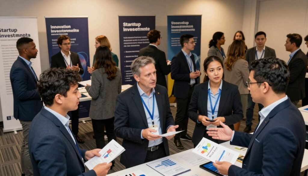 A dynamic networking event showcasing a diverse group of professionals engaged in discussions about startup investments. In the foreground, a group of three individuals, dressed in professional business attire, animatedly exchanging ideas with visual aids like charts and diagrams on a table. The middle ground features small clusters of people in engaging conversations, showcasing a mix of genders and ethnicities, all focused on collaborative efforts. In the background, large banners displaying the theme of innovation and funding, along with an inviting atmosphere created by warm, soft lighting that highlights the diversity and enthusiasm in the room. A wide-angle view to capture the energy and interconnectedness of experts and investors in the startup ecosystem. A dynamic networking event showcasing a diverse group of professionals engaged in discussions about startup investments. In the foreground, a group of three individuals, dressed in professional business attire, animatedly exchanging ideas with visual aids like charts and diagrams on a table. The middle ground features small clusters of people in engaging conversations, showcasing a mix of genders and ethnicities, all focused on collaborative efforts. In the background, large banners displaying the theme of innovation and funding, along with an inviting atmosphere created by warm, soft lighting that highlights the diversity and enthusiasm in the room. A wide-angle view to capture the energy and interconnectedness of experts and investors in the startup ecosystem.