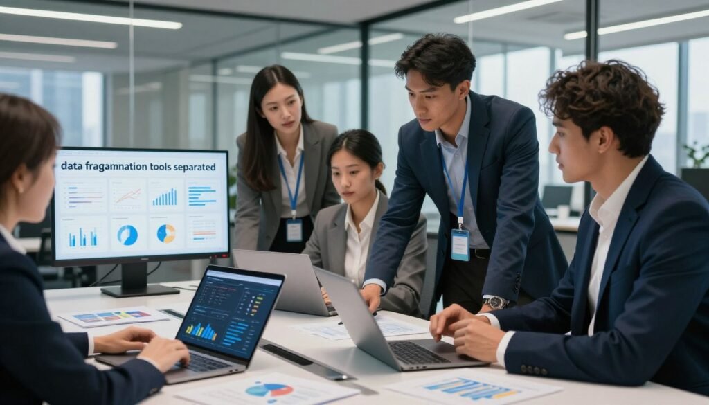 A dynamic office environment showcasing the concept of "data fragmentation tools separated." In the foreground, a sleek conference table with well-organized digital devices like tablets, laptops, and graphs. In the middle ground, three diverse professionals in smart business attire collaborate, analyzing data on screens with focused expressions. The background features a modern office space with glass walls and city skyline views, illuminated by bright natural light filtering through. The atmosphere is one of innovation and teamwork, highlighting the importance of data-driven decisions. A subtle depth of field effect, capturing the clarity of the foreground while softly blurring the background details to emphasize the main subjects. A dynamic office environment showcasing the concept of "data fragmentation tools separated." In the foreground, a sleek conference table with well-organized digital devices like tablets, laptops, and graphs. In the middle ground, three diverse professionals in smart business attire collaborate, analyzing data on screens with focused expressions. The background features a modern office space with glass walls and city skyline views, illuminated by bright natural light filtering through. The atmosphere is one of innovation and teamwork, highlighting the importance of data-driven decisions. A subtle depth of field effect, capturing the clarity of the foreground while softly blurring the background details to emphasize the main subjects.