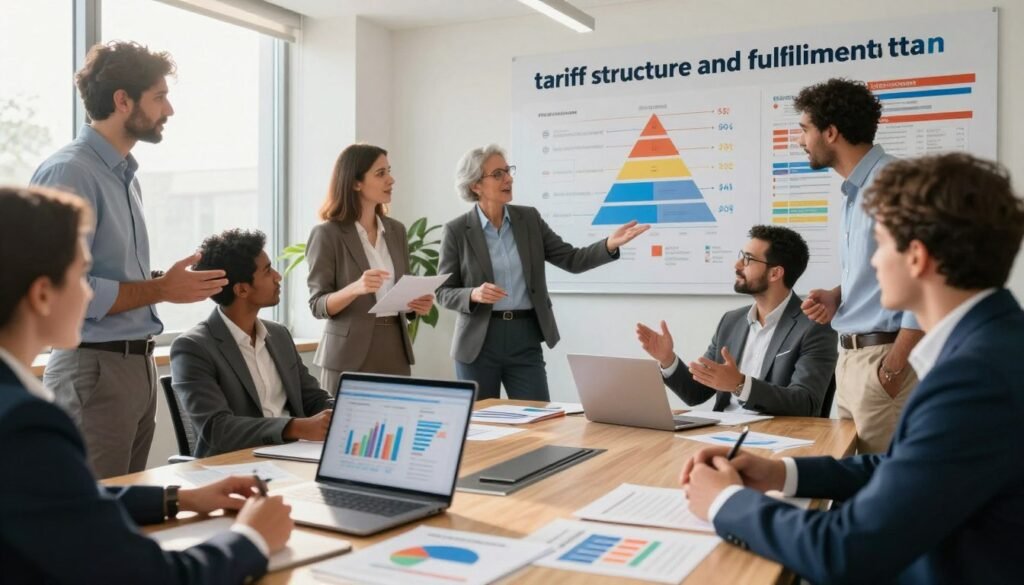 A dynamic office environment showcasing the theme of "tariff structure and fulfillment integration." In the foreground, a modern conference room table covered with colorful documents and a laptop displaying graphs related to shipping costs and fulfillment strategies. In the middle ground, a diverse group of professionals in business attire discussing animatedly, highlighted by warm natural lighting filtering through large windows. The background features a wall adorned with infographics and charts illustrating various pricing tiers and logistics. The mood is energetic and collaborative, symbolizing innovation in shipping solutions for Moroccan businesses. The perspective should be slightly elevated, capturing the buzz of the workspace without any text overlays or distractions. A dynamic office environment showcasing the theme of "tariff structure and fulfillment integration." In the foreground, a modern conference room table covered with colorful documents and a laptop displaying graphs related to shipping costs and fulfillment strategies. In the middle ground, a diverse group of professionals in business attire discussing animatedly, highlighted by warm natural lighting filtering through large windows. The background features a wall adorned with infographics and charts illustrating various pricing tiers and logistics. The mood is energetic and collaborative, symbolizing innovation in shipping solutions for Moroccan businesses. The perspective should be slightly elevated, capturing the buzz of the workspace without any text overlays or distractions.