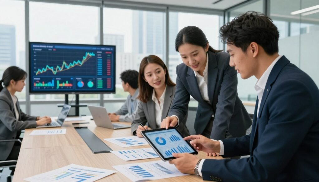 A dynamic office scene depicting key financial and operational aspects of a successful business. In the foreground, a diverse group of three professionals in smart business attire—one woman and two men—analyzing charts and graphs on a digital tablet. In the middle ground, a modern conference table with papers, laptops, and a large screen displaying financial data visualizations. The background features large windows with a cityscape, casting natural light that creates an energetic atmosphere. Use a wide-angle lens to capture the overall environment and convey a sense of collaboration and professionalism. The mood should be optimistic and focused, emphasizing the importance of mastering financial and operational skills in entrepreneurship. A dynamic office scene depicting key financial and operational aspects of a successful business. In the foreground, a diverse group of three professionals in smart business attire—one woman and two men—analyzing charts and graphs on a digital tablet. In the middle ground, a modern conference table with papers, laptops, and a large screen displaying financial data visualizations. The background features large windows with a cityscape, casting natural light that creates an energetic atmosphere. Use a wide-angle lens to capture the overall environment and convey a sense of collaboration and professionalism. The mood should be optimistic and focused, emphasizing the importance of mastering financial and operational skills in entrepreneurship.