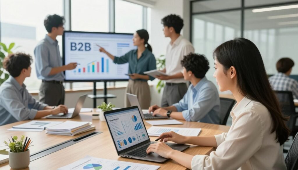 A dynamic office setting showcasing a diverse team of professionals engaged in B2B prospecting activities. In the foreground, a focused businesswoman with a laptop analyzing data charts, surrounded by visual elements like graphs and diagrams illustrating key features of sales prospecting. In the middle ground, a collaborative team of three professionals engaged in a discussion, one pointing at a large screen displaying B2B lead generation metrics. The background features a modern office with large windows, flooding the space with natural light, and plants for a fresh atmosphere. The image should exude a sense of teamwork, professionalism, and innovation, captured from a slightly elevated angle to provide depth and perspective. Use bright, warm lighting to create an inviting and energetic mood. A dynamic office setting showcasing a diverse team of professionals engaged in B2B prospecting activities. In the foreground, a focused businesswoman with a laptop analyzing data charts, surrounded by visual elements like graphs and diagrams illustrating key features of sales prospecting. In the middle ground, a collaborative team of three professionals engaged in a discussion, one pointing at a large screen displaying B2B lead generation metrics. The background features a modern office with large windows, flooding the space with natural light, and plants for a fresh atmosphere. The image should exude a sense of teamwork, professionalism, and innovation, captured from a slightly elevated angle to provide depth and perspective. Use bright, warm lighting to create an inviting and energetic mood.