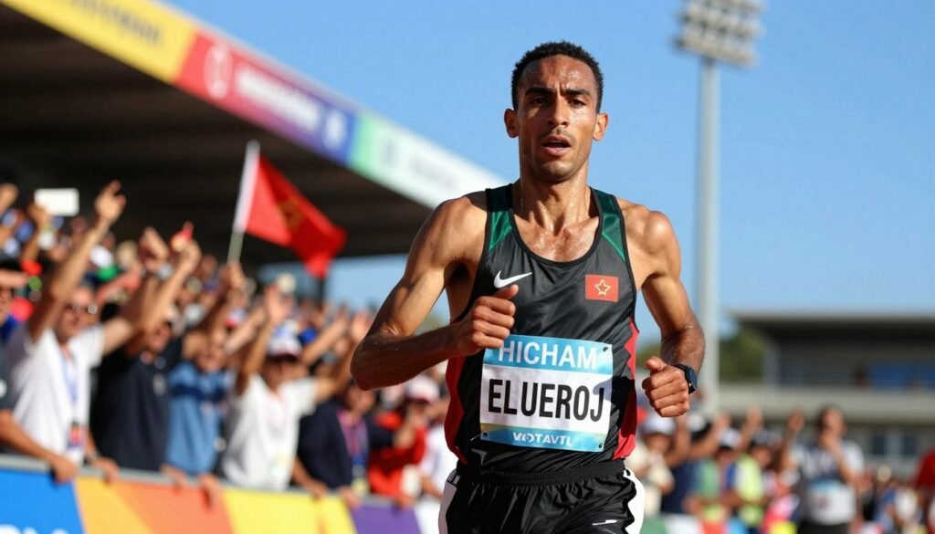 A dynamic portrait of Hicham El Guerrouj, the legendary Moroccan athlete, showcasing him in motion as he crosses the finish line of a race. In the foreground, capture El Guerrouj wearing a sleek running outfit, with sweat glistening on his forehead, embodying determination and focus. In the middle ground, depict a blurred crowd of enthusiastic fans cheering, with flags waving, to emphasize the excitement of the event. The background features a vibrant stadium filled with colorful banners and a bright blue sky, adding to the energetic atmosphere. Use dramatic lighting to highlight El Guerrouj’s muscular physique and intense expression, shot at a low angle to convey grandeur and achievement, creating a triumphant and inspiring mood. A dynamic portrait of Hicham El Guerrouj, the legendary Moroccan athlete, showcasing him in motion as he crosses the finish line of a race. In the foreground, capture El Guerrouj wearing a sleek running outfit, with sweat glistening on his forehead, embodying determination and focus. In the middle ground, depict a blurred crowd of enthusiastic fans cheering, with flags waving, to emphasize the excitement of the event. The background features a vibrant stadium filled with colorful banners and a bright blue sky, adding to the energetic atmosphere. Use dramatic lighting to highlight El Guerrouj’s muscular physique and intense expression, shot at a low angle to convey grandeur and achievement, creating a triumphant and inspiring mood.