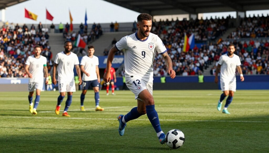 A dynamic scene capturing Hakim Ziyech in action on the football pitch, emphasizing his role as a playmaker. In the foreground, Ziyech is dribbling the ball with focused determination, wearing his national team jersey and sporting a confident expression. The middle ground features teammates positioning themselves strategically, illustrating teamwork and collaboration. The background showcases a packed stadium with enthusiastic fans, flags waving, and vibrant colors. The lighting is natural and bright, reminiscent of a late afternoon game, casting soft shadows and highlighting Ziyech’s movements. The atmosphere is electric, conveying the intensity and passion of a high-stakes match. The angle is slightly low, providing a dramatic perspective of Ziyech as he orchestrates the game. A dynamic scene capturing Hakim Ziyech in action on the football pitch, emphasizing his role as a playmaker. In the foreground, Ziyech is dribbling the ball with focused determination, wearing his national team jersey and sporting a confident expression. The middle ground features teammates positioning themselves strategically, illustrating teamwork and collaboration. The background showcases a packed stadium with enthusiastic fans, flags waving, and vibrant colors. The lighting is natural and bright, reminiscent of a late afternoon game, casting soft shadows and highlighting Ziyech’s movements. The atmosphere is electric, conveying the intensity and passion of a high-stakes match. The angle is slightly low, providing a dramatic perspective of Ziyech as he orchestrates the game.