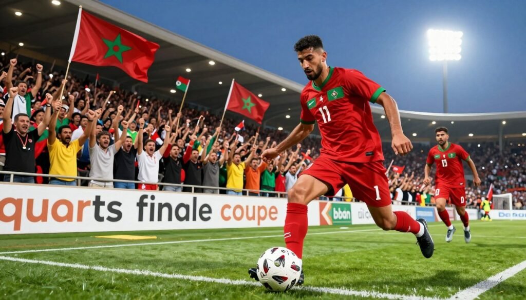 A dynamic scene capturing a high-stakes "quarts finale coupe" football match featuring a Moroccan team, emphasizing the intense atmosphere of international competition. In the foreground, a skilled Moroccan player, dressed in a traditional red jersey with green accents, is dribbling the ball skillfully past an opposing defender. In the middle ground, the crowd is passionately cheering, waving Moroccan flags and displaying vibrant colors. The stadium is packed, showcasing intense emotions and excitement. The background features a beautifully lit evening sky, with stadium floodlights casting a dramatic glow on the field. Capture this moment with a low-angle shot to emphasize the action, using bright, vivid colors to evoke a spirited and patriotic atmosphere, while maintaining a professional tone appropriate for an article illustration. A dynamic scene capturing a high-stakes "quarts finale coupe" football match featuring a Moroccan team, emphasizing the intense atmosphere of international competition. In the foreground, a skilled Moroccan player, dressed in a traditional red jersey with green accents, is dribbling the ball skillfully past an opposing defender. In the middle ground, the crowd is passionately cheering, waving Moroccan flags and displaying vibrant colors. The stadium is packed, showcasing intense emotions and excitement. The background features a beautifully lit evening sky, with stadium floodlights casting a dramatic glow on the field. Capture this moment with a low-angle shot to emphasize the action, using bright, vivid colors to evoke a spirited and patriotic atmosphere, while maintaining a professional tone appropriate for an article illustration.
