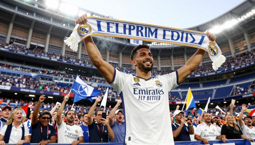 A dynamic scene depicting Brahim Díaz in a professional football setting, showcasing his recent transfer to Real Madrid. In the foreground, show Brahim wearing a smart Real Madrid jersey, confidently holding a club scarf above his head with a proud smile. The middle ground captures a celebratory crowd of fans in the iconic Santiago Bernabéu Stadium, waving flags and displaying banners, filled with excitement and anticipation. In the background, the stadium's architecture, adorned with vibrant team colors, reflects the atmosphere of hope and achievement. Use bright, natural lighting to illuminate the scene, with a slight lens flare effect to enhance the celebratory mood. The angle should be slightly elevated to capture both Brahim and the enthusiastic fans, creating a sense of unity and joy. A dynamic scene depicting Brahim Díaz in a professional football setting, showcasing his recent transfer to Real Madrid. In the foreground, show Brahim wearing a smart Real Madrid jersey, confidently holding a club scarf above his head with a proud smile. The middle ground captures a celebratory crowd of fans in the iconic Santiago Bernabéu Stadium, waving flags and displaying banners, filled with excitement and anticipation. In the background, the stadium's architecture, adorned with vibrant team colors, reflects the atmosphere of hope and achievement. Use bright, natural lighting to illuminate the scene, with a slight lens flare effect to enhance the celebratory mood. The angle should be slightly elevated to capture both Brahim and the enthusiastic fans, creating a sense of unity and joy.